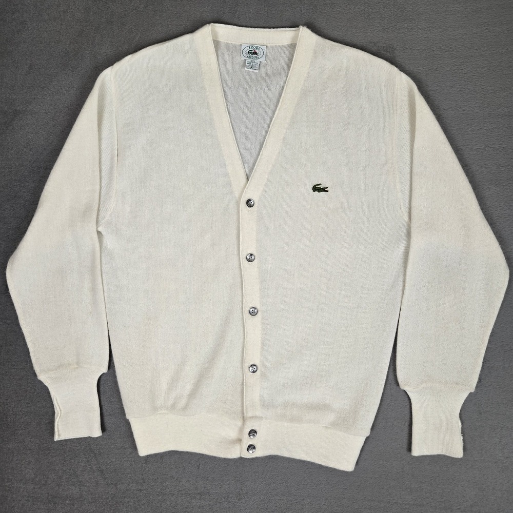 Vintage Izod Lacoste Sweater Mens Large Knit Cardigan 80s White Gator USA Made